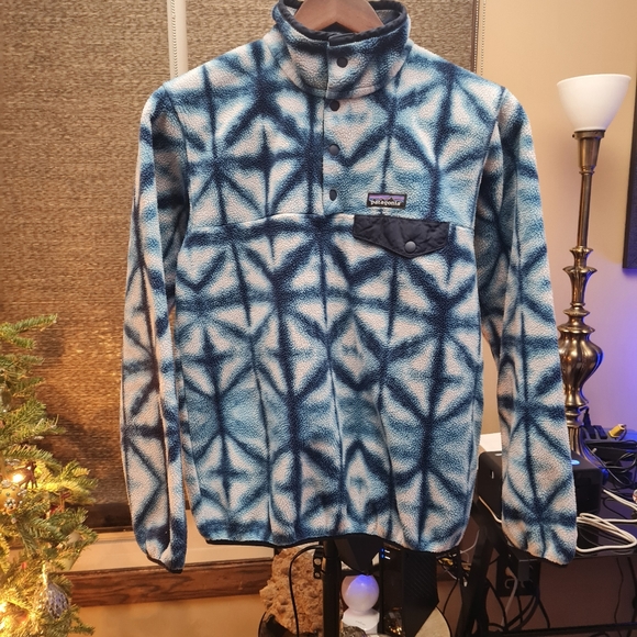 Patagonia Synchilla Snap-T Blue Diamond Shibori Tie Dye Fleece Pullover Womens S - Picture 2 of 15